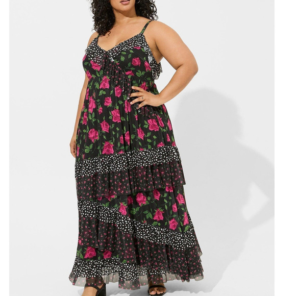 Torrid‎ Plus Size 2 Betsey Johnson Ruffle Mesh Tiered Floral Maxi Sun Dress New - Picture 1 of 4
